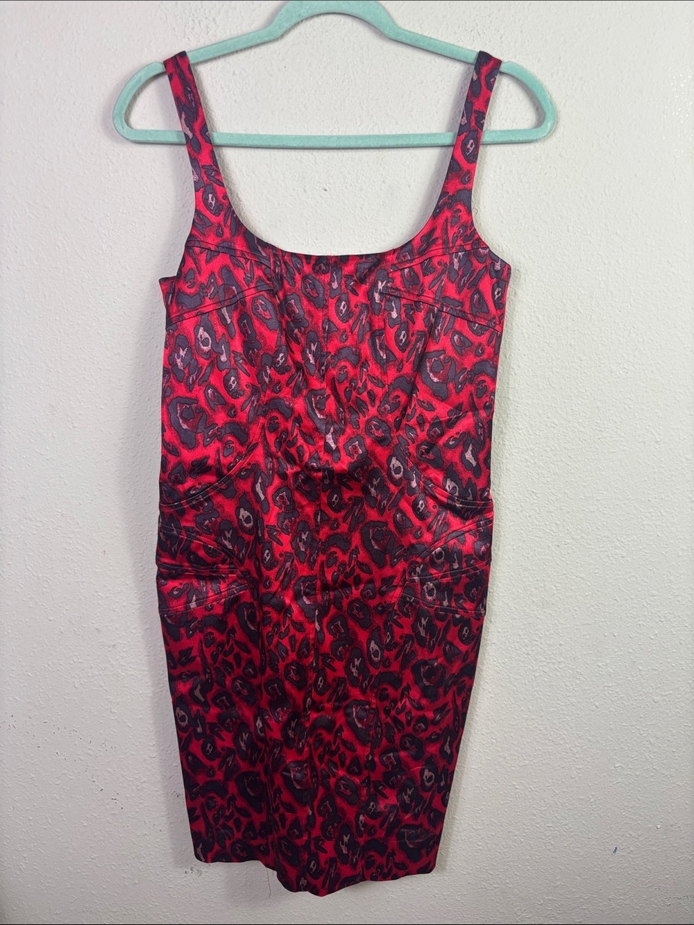 David Meister Satin Red Cheetah Animal Print Sleeveless Dress size 8